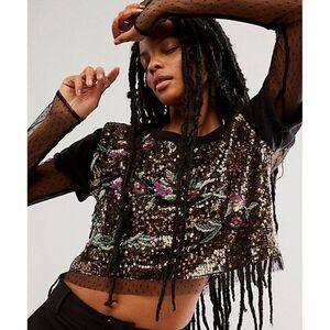 FREE PEOPLE Life Of The Party Twofer Black Combo Sequin Top Size XS NEW WITH TAG